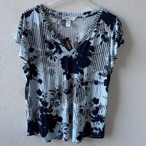 WHBM XL Floral V Neck Ruffle Short Sleeve NWT Blue Floral Stripe Casual Travel
